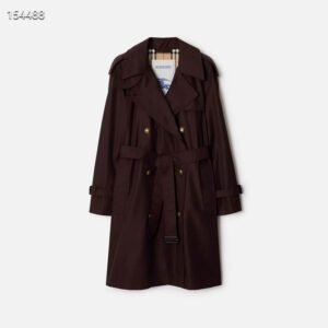 Double-breasted trench coat in Dark Mahogany with wide lapels and signature check lining. Unisex Kensington-style long coat.