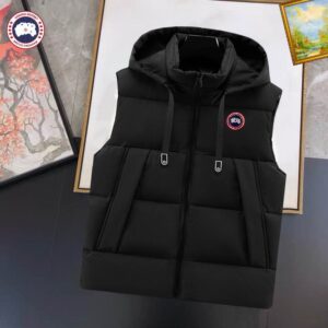 A high-quality Black Hooded Puffer Vest with a quilted design and a protective hood.