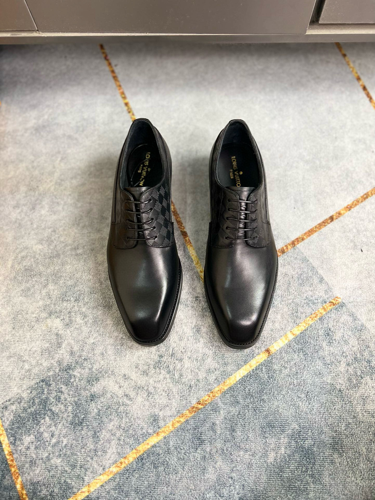 Pair of Damier Formal Captoe Oxford Shoes in Black Polished Leather and Black Damier Check Canvas.