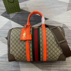 Gucci Beige GG Supreme Orange Web Duffle Bag