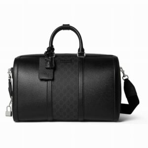 Top and side view of the Gucci Black Travel Bag in embossed black leather with silver hardware.