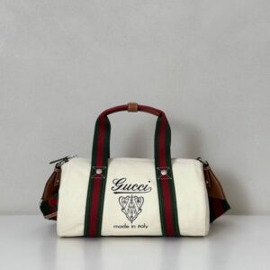 A Gucci White Canvas Mini Duffle Bag with the vintage logo, green and red Web straps, and brown leather trim, sized 30 x 16 x 15 cm.