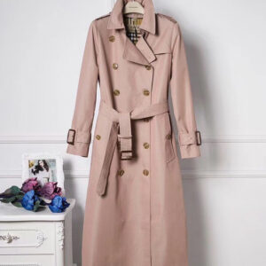 Long double-breasted women's trench coat in Dusky Pink/Mauve with a belted waist and classic check lining.