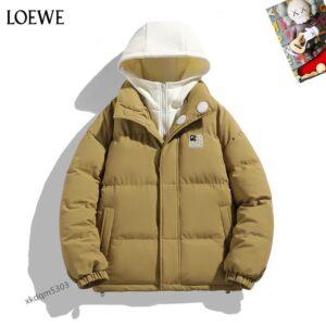 A front view of the Loewe Khaki Beige Puffer Jacket featuring a white hood and embroidered chest logo
