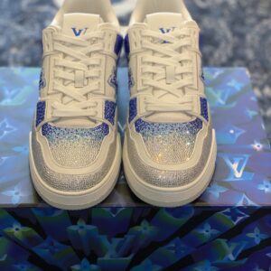 Louis Vuitton Trainer Low Sneaker Women's White Silver Glitter Blue Textured Accents Chunky White Sole