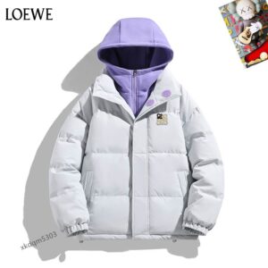 A front view of the Lavender Frost Two-Tone Puffer Jacket featuring a light grey body and a lavender hood.