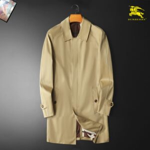 Long single-breasted unisex Car Coat in Light Beige/Tan with gold buttons, self-tie belt, and check lining.