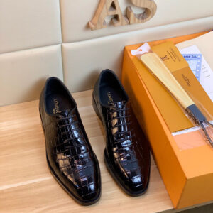 A pair of premium Louis Vuitton Black Crocodile Leather Oxford shoes with a high-gloss finish.