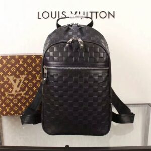 Front view of the Louis Vuitton Black Damier Infini Michael Backpack in Onyx leather with embossed checkerboard pattern.