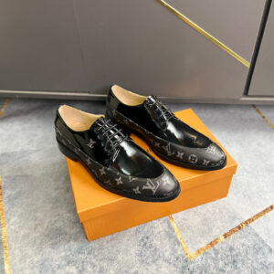 Side view of Louis Vuitton Black Matte Monogram Derby Shoes with embossed side panels and 3D monogram heel.