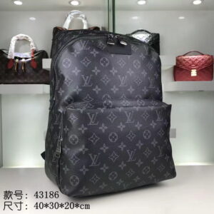 Rear view of a Louis Vuitton Black Monogram Backpack showing padded straps and monogram eclipse pattern.