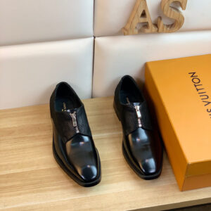A pair of Louis Vuitton Black Zipper Oxford Shoes featuring a silver-tone zipper and textured side panels.