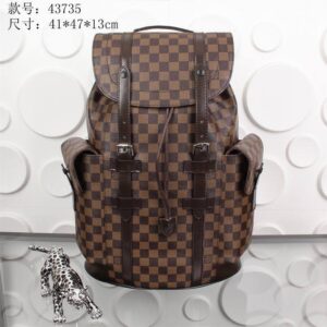 A high-angle view of the Louis Vuitton Brown Damier Backpack featuring checkered canvas and leather straps.