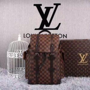 Front view of the Louis Vuitton Brown Damier Christopher Backpack with checkered canvas and leather straps