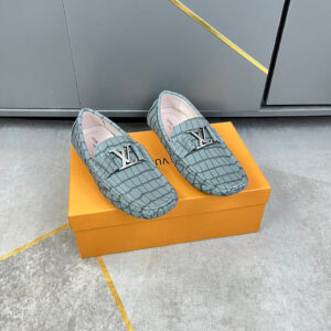 Louis Vuitton Grey Croc Texture Slip On Loafers with crocodile style embossed leather, metallic emblem detail, cushioned interior, and structured sole