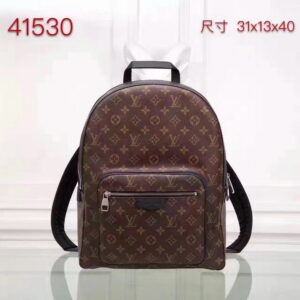 A Louis Vuitton Monogram Macassar Josh Backpack featuring brown monogram canvas and black leather trim.