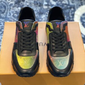Pair of Louis Vuitton Run Away sneakers in black with multicoloured iridescent Monogram panels on an orange brand box.