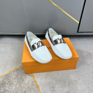 Louis Vuitton White Canvas Trim Loafers shown with white canvas upper, contrast trim detail, slip on design, and lightweight sol