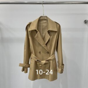 Short/Mid-thigh length double-breasted unisex trench coat in Honey beige with a belted waist and classic trench features.