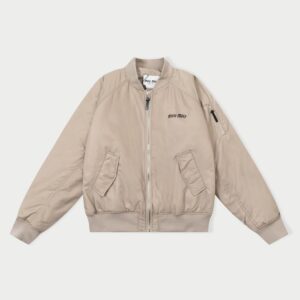 A high-quality Beige Bomber Jacket with ribbed trims, front flap pockets, and a utility sleeve pocket.