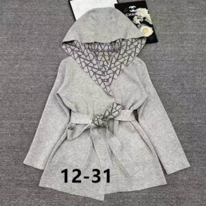 A women's Valentino Beige and Black Hooded Cardigan with an all-over V-pattern and waist tie.