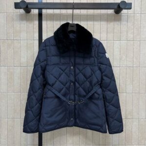 Moncler Navy Blue Belted Diamond Quilted Jacket