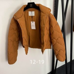 Front view of the Moncler Tan Short Puffer Jacket showing zig-zag quilting.