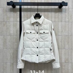 Rear and front view of the Moncler White Quilted Corduroy Jacket featuring a square-quilted pattern and corduroy textures.