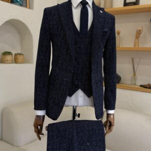 A men's Navy Blue Sparkling Galaxy 3-Piece Suit featuring a shimmering starlight texture and matching vest on a mannequin.