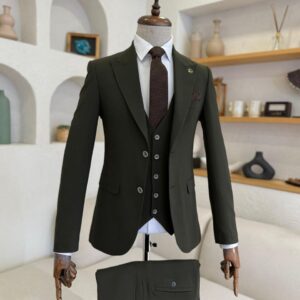 A men's Olive Green Slim Fit 3-Piece Suit featuring a matching vest and a dark brown knit tie.
