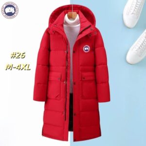 A premium Red Long Puffer Jacket featuring a longline quilted design and a large hood.