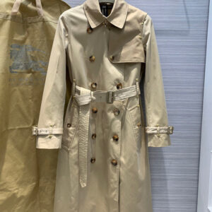 Mid-length double-breasted women's trench coat in Light Beige/Honey with gold stud embellishments, belted waist, and classic check lining.