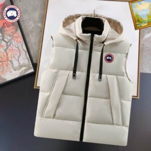 A premium White Hooded Puffer Vest with a quilted design and protective winter hood.