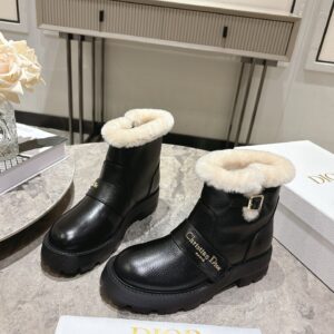 Dior Black Leather Fur Lined Ankle Boots with cream lining