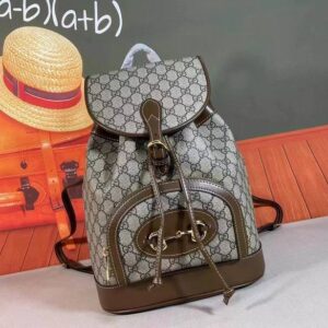 Gucci Beige GG Canvas Leather Trim Backpack with brown leather details