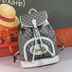 Gucci Beige GG Canvas White Leather Trim Backpack with gold hardware