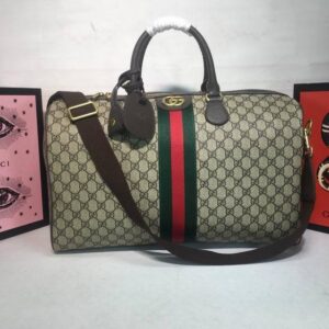 Gucci Beige GG Supreme Web Stripe Duffle Bag with green red stripe and shoulder strap