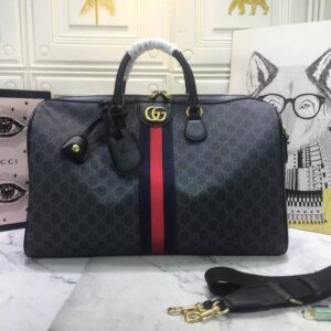 Gucci Black GG Supreme Web Stripe Duffle Bag with red navy stripe and strap