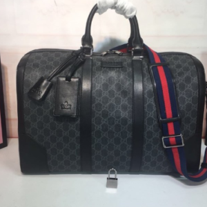 Gucci Black GG Supreme Web Stripe Duffle Bag with red navy stripe and strap