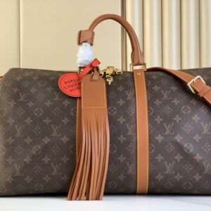 Large Louis Vuitton Brown Monogram Keepall Travel Bag with classic logo print and tan leather handles.