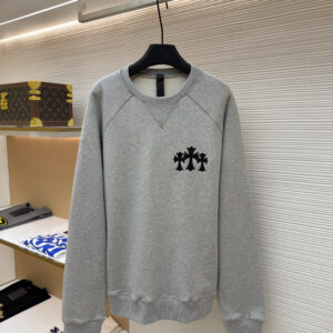 A Chrome Hearts Grey Logo Sweatshirt featuring black gothic logos and a triple-cross embroidery on a heather grey fleece.
