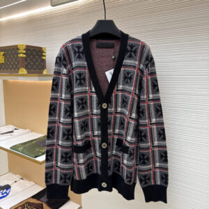 Front view of the Chrome Hearts Grey Plaid Knit Cardigan showing silver cross buttons and red plaid accents with floral crosses.