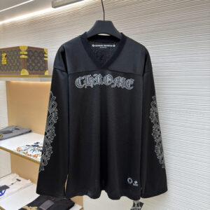 Front and back view of the Chrome Hearts Jet Black Mesh Jersey featuring crystalline gothic lettering and floral cross sleeve designs.