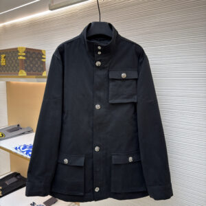 Front view of the Chrome Hearts Multi-Pocket Field Jacket featuring multiple utility pockets and signature silver cross buttons.