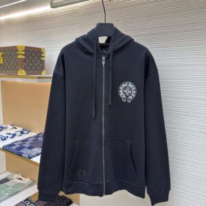 Black Chrome Hearts Zip-Up Hoodie with white horseshoe logo and dagger zipper.