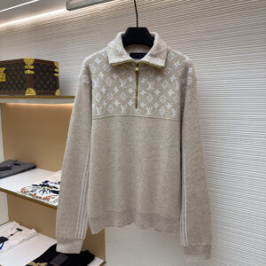 Louis Vuitton Beige Half-Zip Sweater with white monogram chest panel and gold zip collar