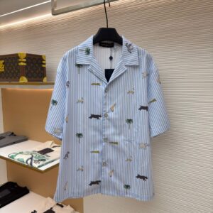 Louis Vuitton Blue Striped Shirt with light blue stripes, safari embroidery, short sleeves, and camp collar