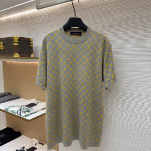 Louis Vuitton Grey Knit T-Shirt with yellow all-over monogram pattern and soft knit texture