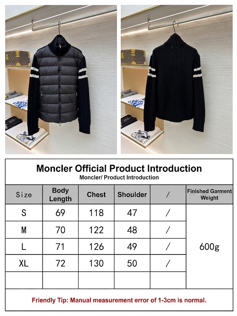 A Moncler Black Hybrid Puffer Cardigan with quilted front and cable-knit sleeves hanging on a display rack.