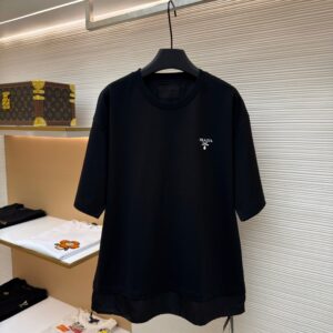 Front view of the Prada Black Re-Nylon T-Shirt showing the white logo and technical nylon hem.